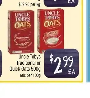 Farmer Jack's Uncle Tobys Traditional or Quick Oats 100g offer