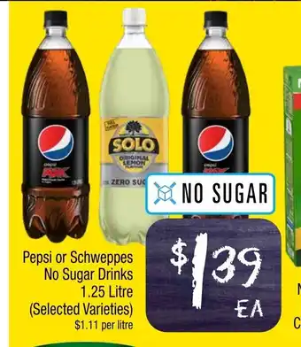 Farmer Jack's Pepsi or Schweppes No Sugar Drinks 1 Litre offer