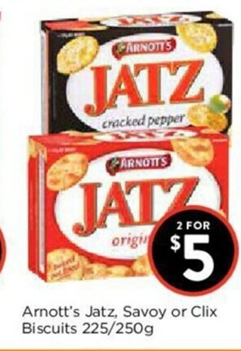 Foodworks Arnott's Jatz, Savoy or Clix Biscuits 225/250g offer