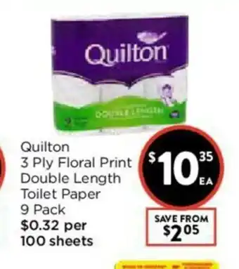 Foodworks Quilton 3 Ply Floral Print Double Length Toilet Paper 9 Pack offer