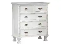 LivingStyles Jepara Mahogany Timber 5 Drawer Tallboy, White offer