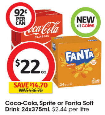 Coles Coca-Cola, Sprite or Fanta Soft Drink 24x375mL offer