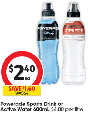 Coles Powerade Sports Drink or Active Water 600mL offer