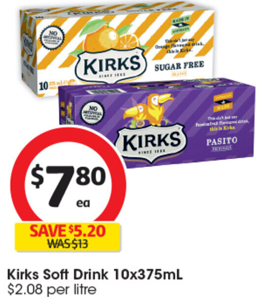 Kirks Soft Drink 10x375mL offer at Coles
