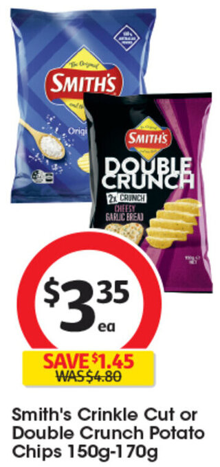 Coles Smith's Crinkle Cut or Double Crunch Potato Chips 150g-170g offer
