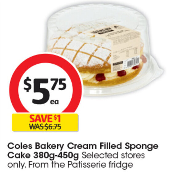 Coles Bakery Cream Filled Sponge Cake 380g450g offer at Coles