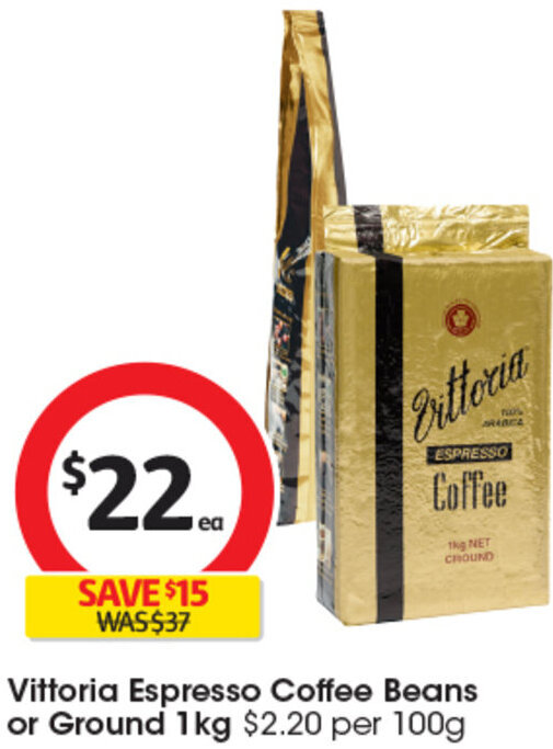 Vittoria Espresso Coffee Beans or Ground 1kg offer at Coles
