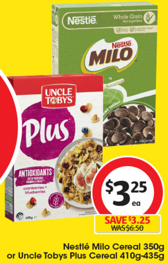 Coles Nestlé Milo Cereal 350g or Uncle Tobys Plus Cereal 410g-435g offer