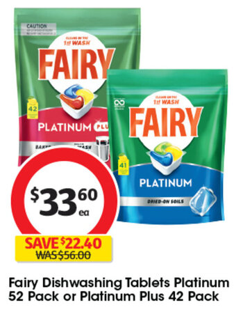 Coles Fairy Dishwashing Tablets Platinum 52 Pack or Platinum Plus 42 Pack offer