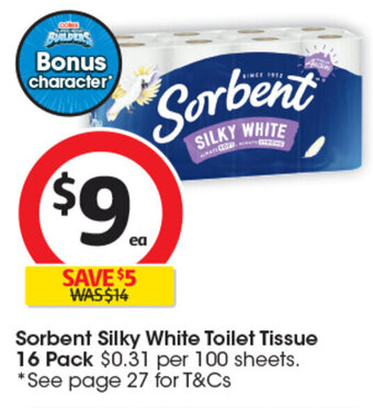 Coles Sorbent Silky White Toilet Tissue 16 Pack offer