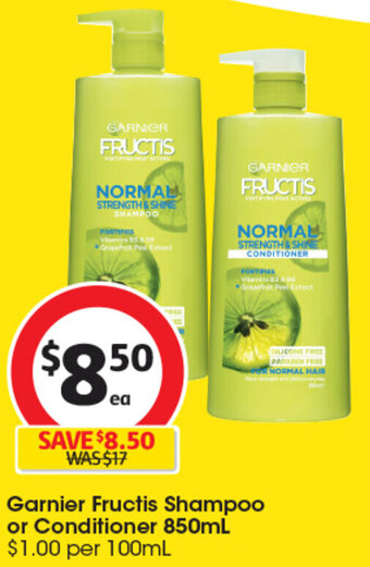 Coles Garnier Fructis Shampoo or Conditioner 850mL offer