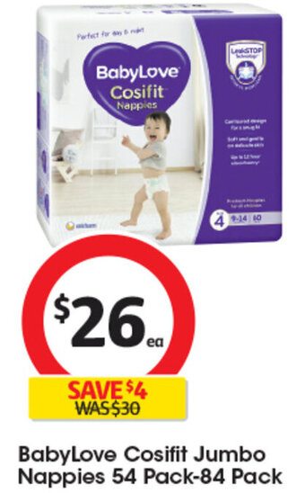 Coles BabyLove Cosifit Jumbo Nappies 54 Pack-84 Pack offer