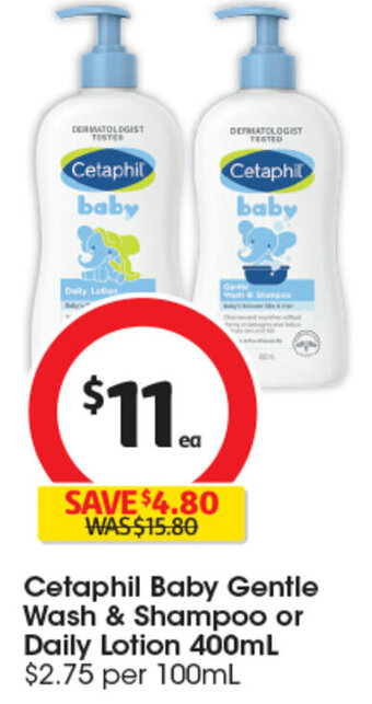 Coles Cetaphil Baby Gentle Wash & Shampoo or Daily Lotion 400mL offer