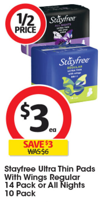 Coles Stayfree Ultra Thin Pads With Wings Regular 14 Pack or All Nights 10 Pack offer