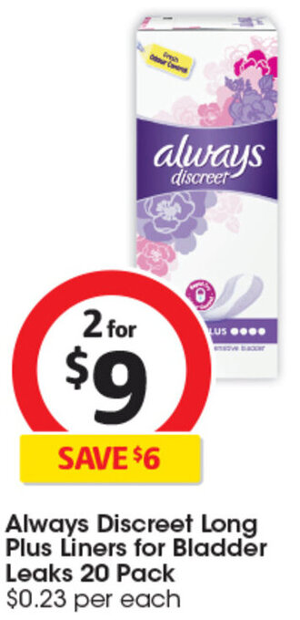 Coles Always Discreet Long Plus Liners for Bladder Leaks 20 Pack offer