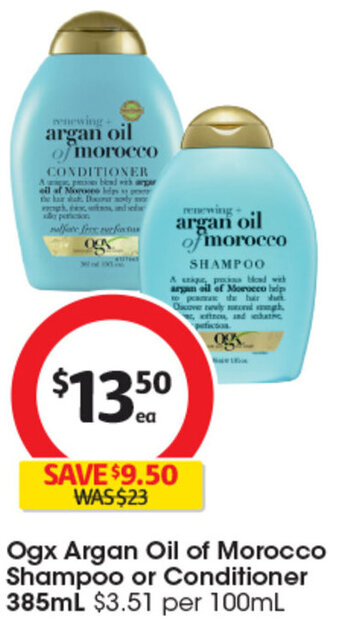Coles Ogx Argan Oil of Morocco Shampoo or Conditioner 385mL offer