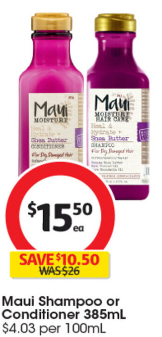 Coles Maui Shampoo or Conditioner 385mL offer