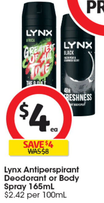 Coles Lynx Antiperspirant Deodorant or Body Spray 165mL offer