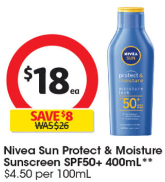 Coles Nivea Sun Protect & Moisture Sunscreen SPF50+ 400ml offer