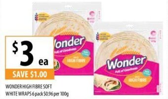Supabarn WONDER HIGH FIBRE SOFT WHITE WRAPS 6 pack offer