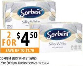 Supabarn SORBENT SILKY WHITE TISSUES 250's offer