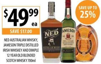 Supabarn NED AUSTRALIAN WHISKY, JAMESON TRIPLE DISTILLED IRISH WHISKEY AND DIMPLE 12 YEAR OLD BLENDED SCOTCH WHISKY 700ml offer