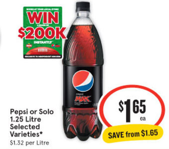 IGA Pepsi or Solo 1.25 Litre Selected Pepsi or Solo 1.25 Litre Selected Varieties* $1.32 per Litre offer