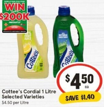 IGA Cottee's Cordial 1 Litre Selected Varieties offer