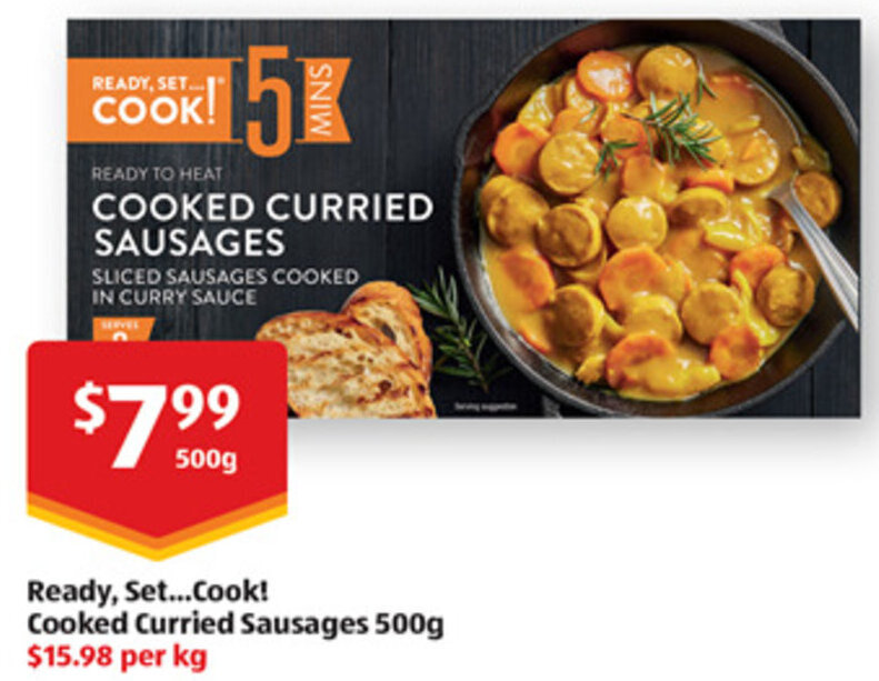 Ready, Set...Cook! Cooked Curried Sausages 500g offer at ALDI