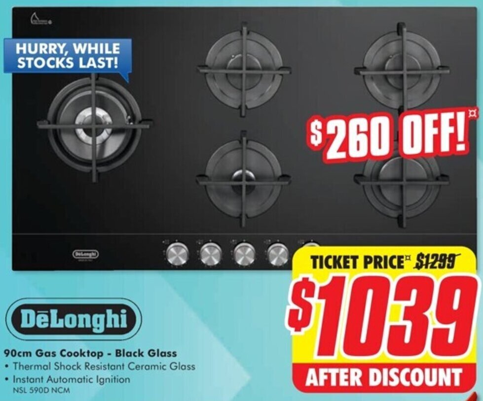 DeLonghi 90cm Gas Cooktop Black Glass offer at The Good Guys