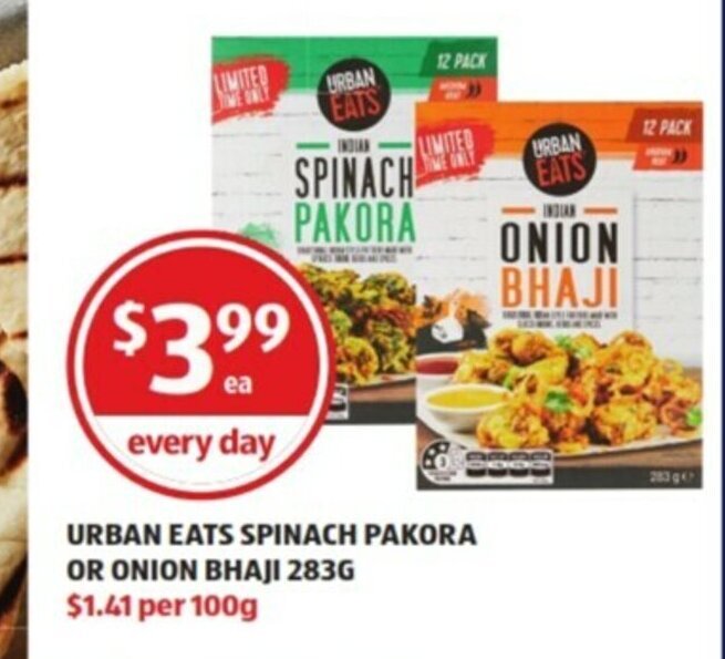 Urban Eats Spinach Pakora or Onion Bhaji 283g offer at ALDI