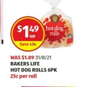 ALDI Bakers Life Hot Dog Rolls 6pk offer