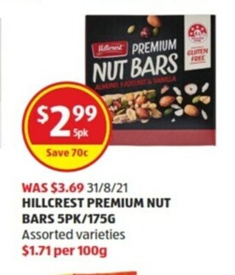 ALDI Hillcrest Premium Nut Bars 5pk/175g offer