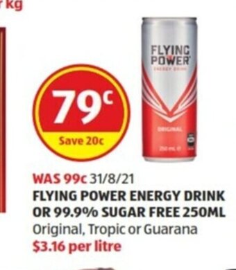 ALDI Flying Power Energy Drink or 99.9% Sugar Free 250ml offer