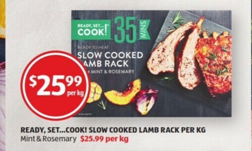 Ready, Set Cook! Slow Cooked Lamb Rack per kg offer at ALDI