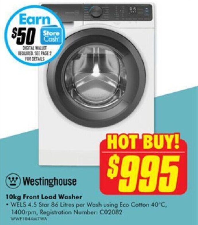 Westinghouse 10kg Front Load Washer offer at The Good Guys