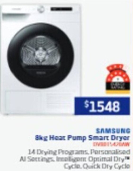 SAMSUNG 8kg Heat Pump Smart Dryer offer at Retravision