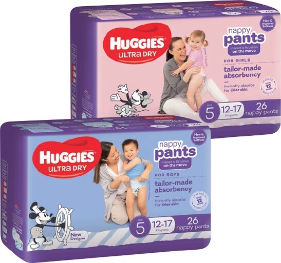 Huggies nappy pants 24‑36 pack selected varieties offer at IGA