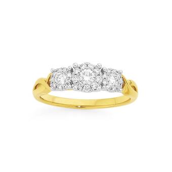 Angus & Coote 9ct gold diamond cluster trilogy ring offer