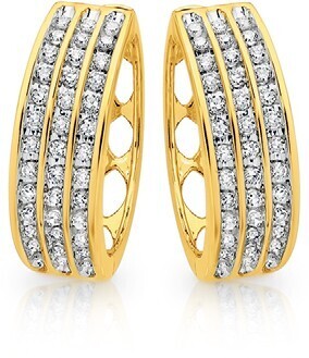 Angus & Coote 9ct gold diamond three row huggie earrings offer
