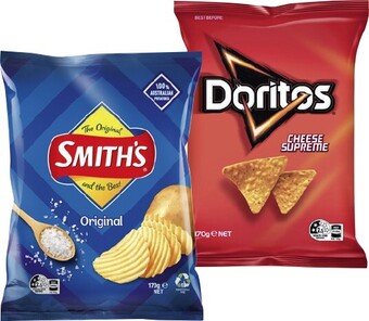 IGA Smith’s or doritos chips 90-170g selected varieties offer