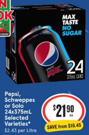 IGA Pepsi, Schweppes or Solo 24x375mL Selected Varieties offer