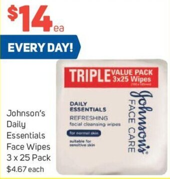 Foodland Johnson's Daily Essentials Face Wipes 3 x 25 Pack offer