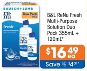 Good Price Pharmacy B&L ReNu Fresh Multi-Purpose Solution Duo Pack 355mL + 120mL offer
