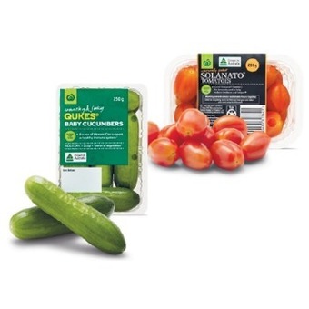 Woolworths Australian sweet solanato tomatoes 200g punnet or qukes baby cucumbers 250g pack offer