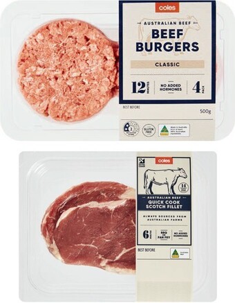 Coles Coles australian no added hormones beef quick cook scotch fillet or porterhouse steak 170g-180g or classic burgers 400g-500g offer