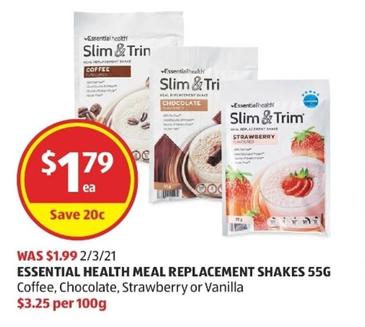 Essential Health Meal Replacement Shakes 55g offer at ALDI