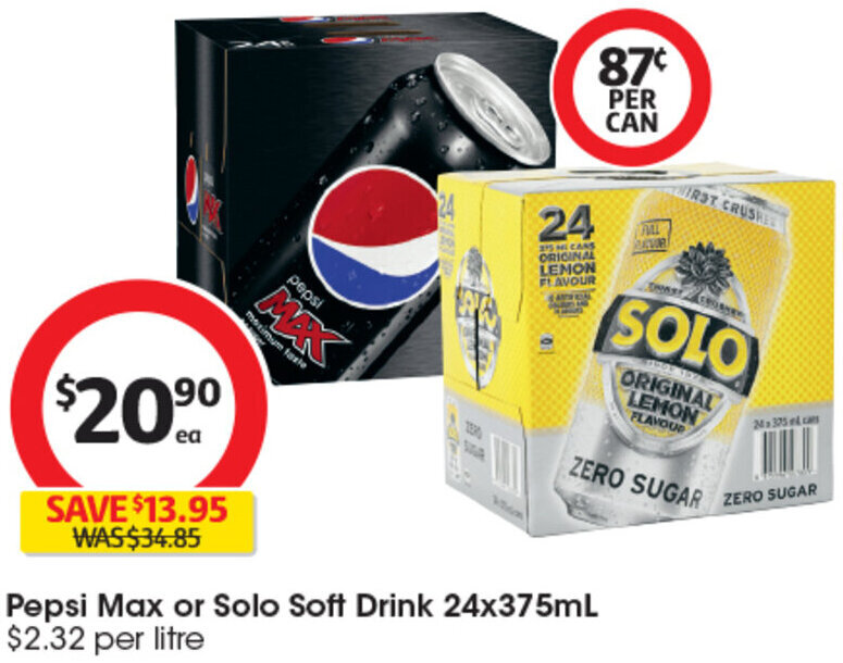 Pepsi Max or Solo Soft Drink 24x375mL offer at Coles