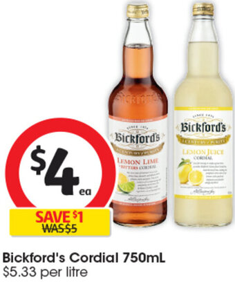 Coles Bickford's Cordial 750mL offer