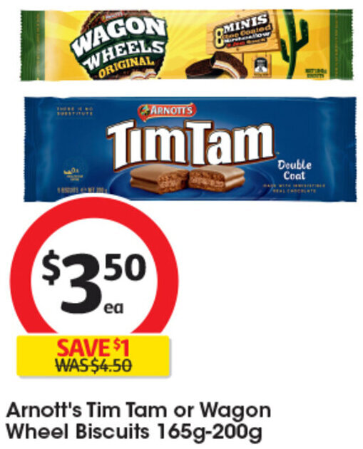 Arnott's Tim Tam or Wagon Wheel Biscuits 165g200g offer at Coles